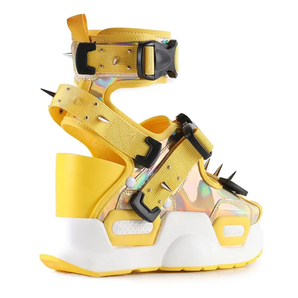 Anthony Wang Punk Spiked Gold Holo Graphic Women's Platform Sandals - Picture 2 of 3